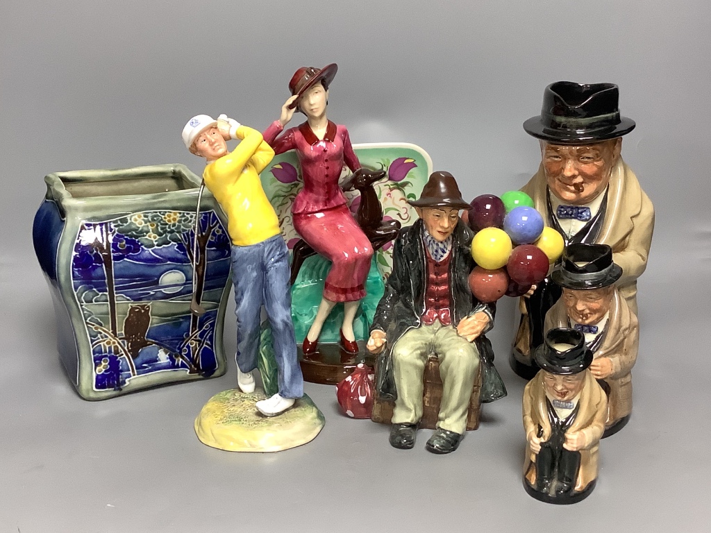 Five Royal Doulton figures or jugs, a Kevin Francis Susie Cooper figure and a Royal Doulton jar, tallest 25cm